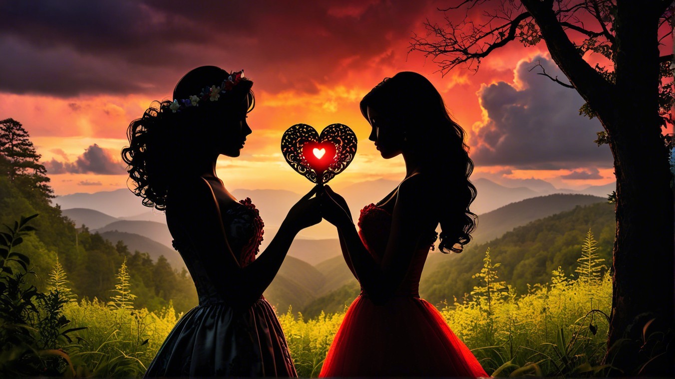 Elegant Figures Holding Heart at Vibrant Sunset