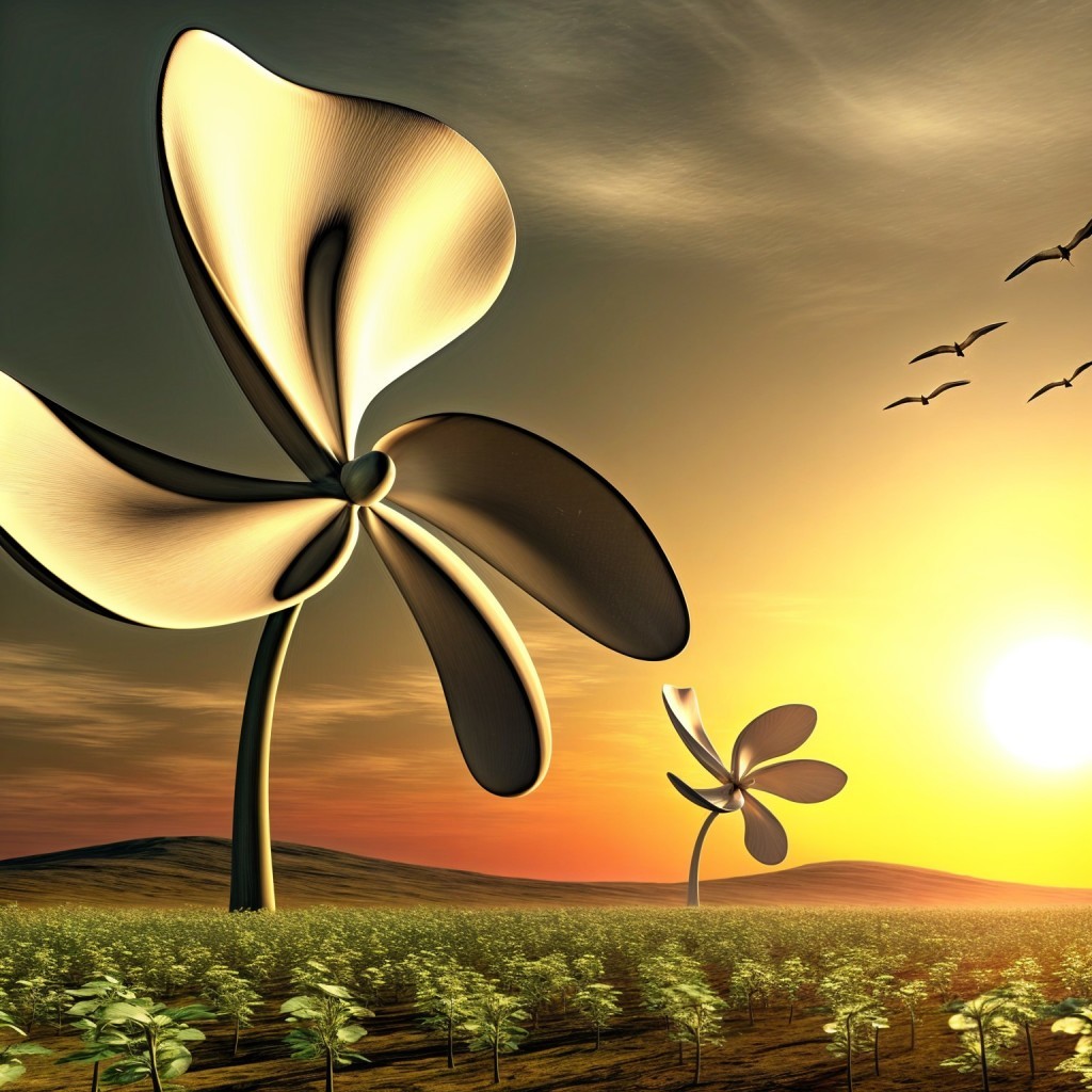 Surreal Landscape with Wind Turbines and Sunset Sky