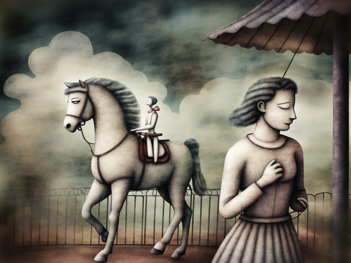Surreal Scene of a Man on a Horse and a Woman