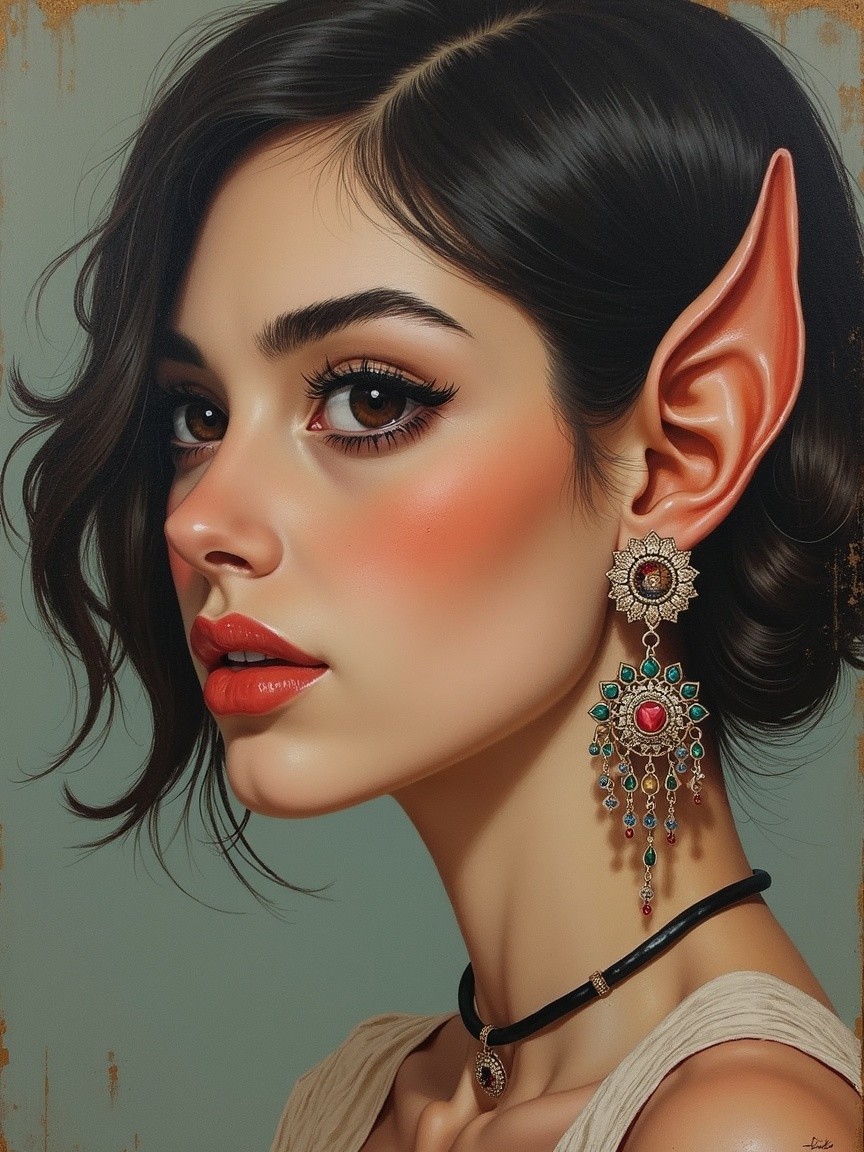 Young woman with elongated ears and elegant jewelry