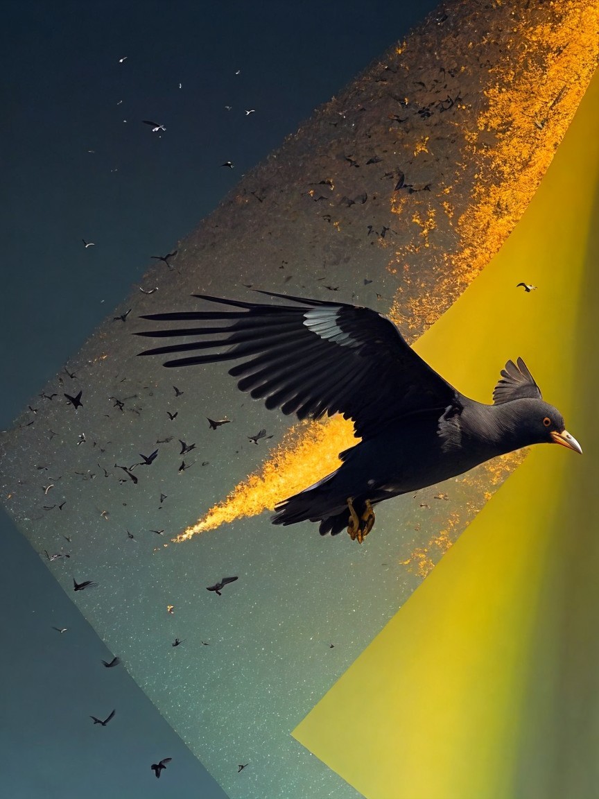 Majestic Black Bird Against Vibrant Abstract Sky