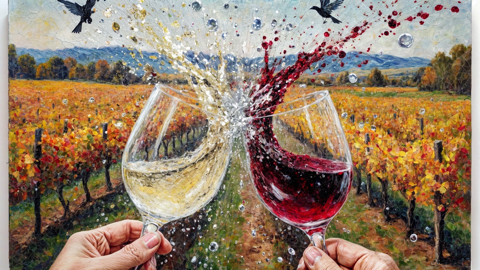 Wine Glasses Clinking in a Vibrant Vineyard Setting