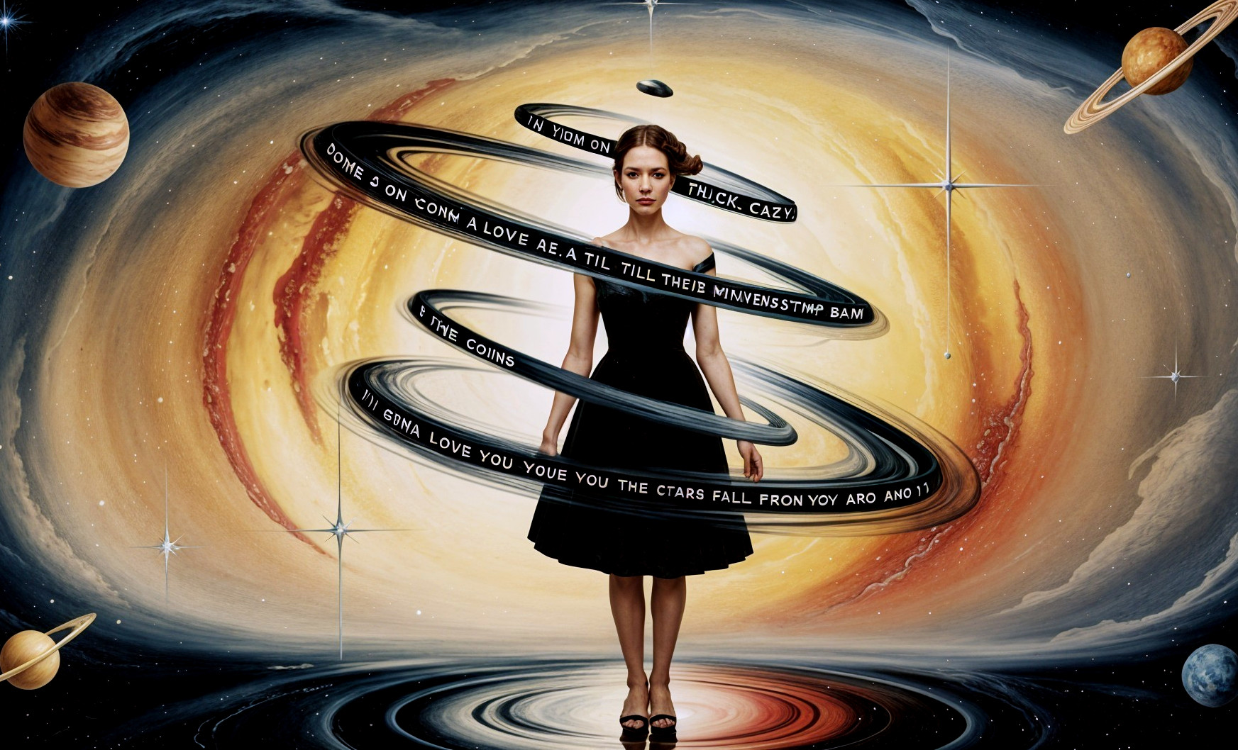 Woman in Black Dress Amid Cosmic Rings and Stars