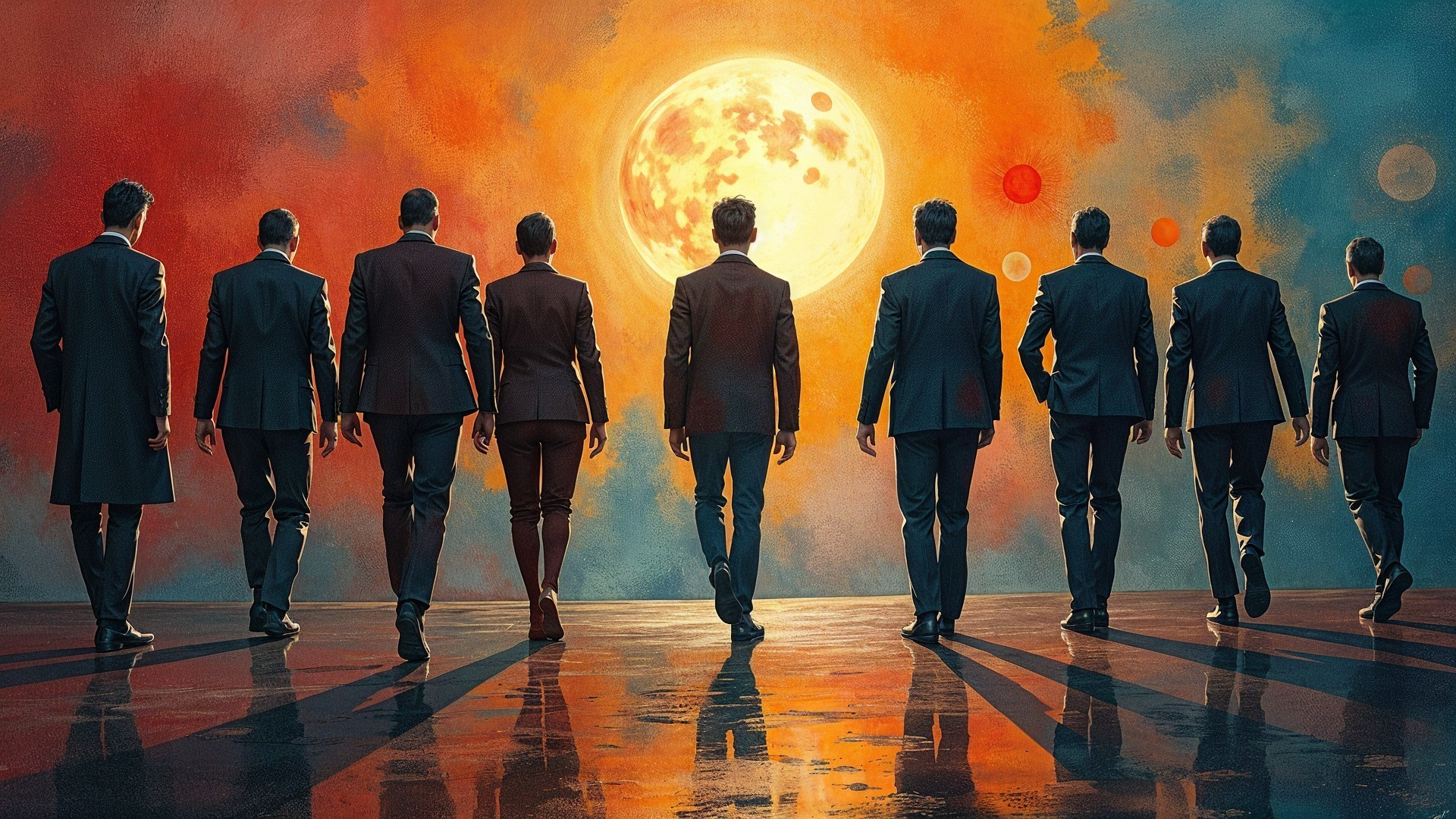 Silhouetted Figures Against Sunset and Full Moon