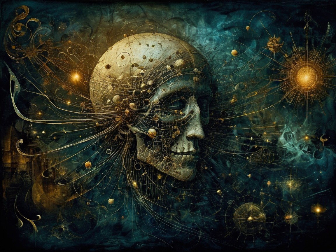 Surreal Skull Surrounded by Cosmic Elements and Patterns