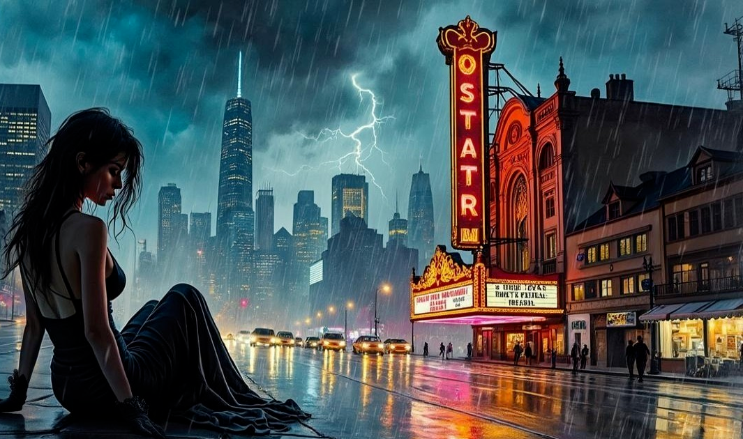 Moody Cityscape with Woman in Black Dress and Neon Lights