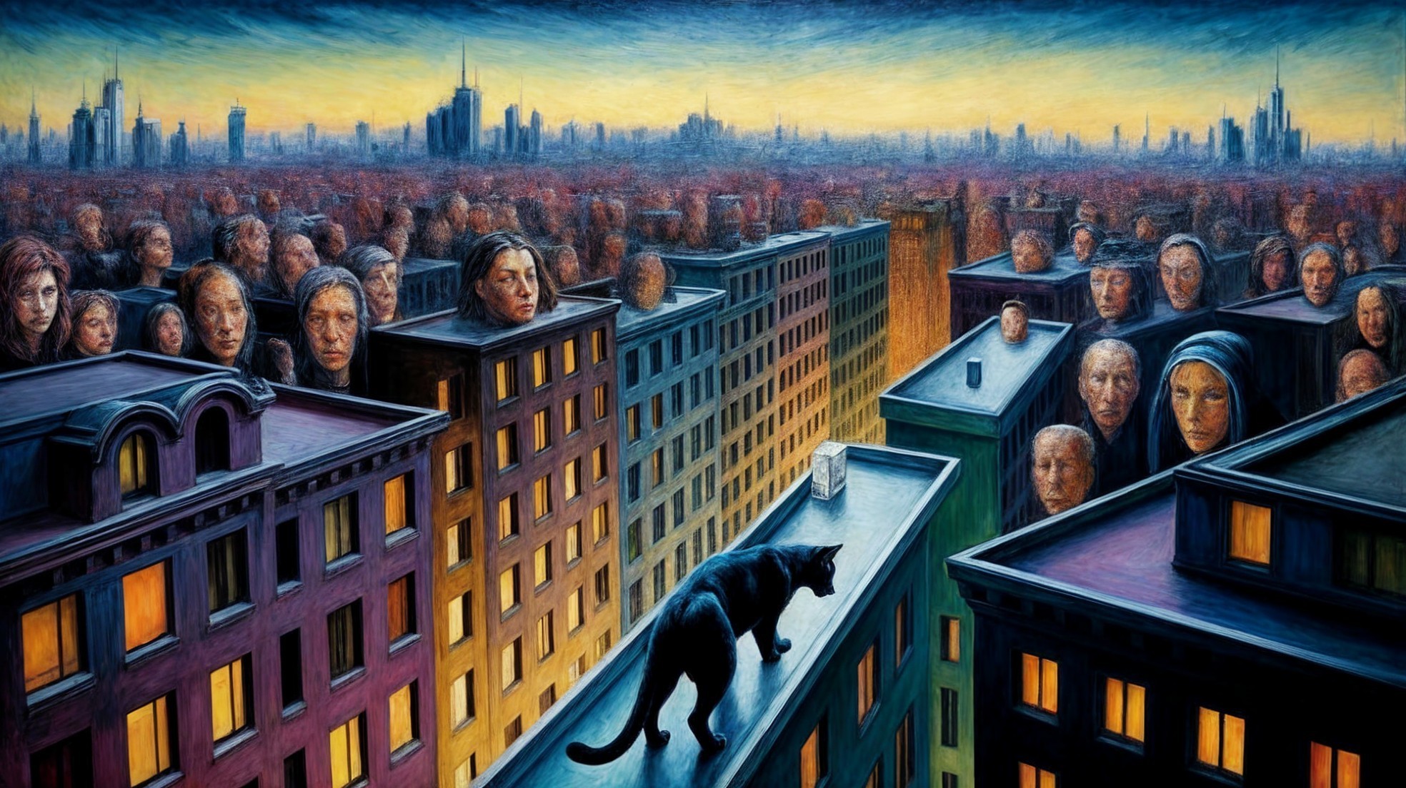 Surreal Cityscape with Black Cat and Emotion-Filled Buildings