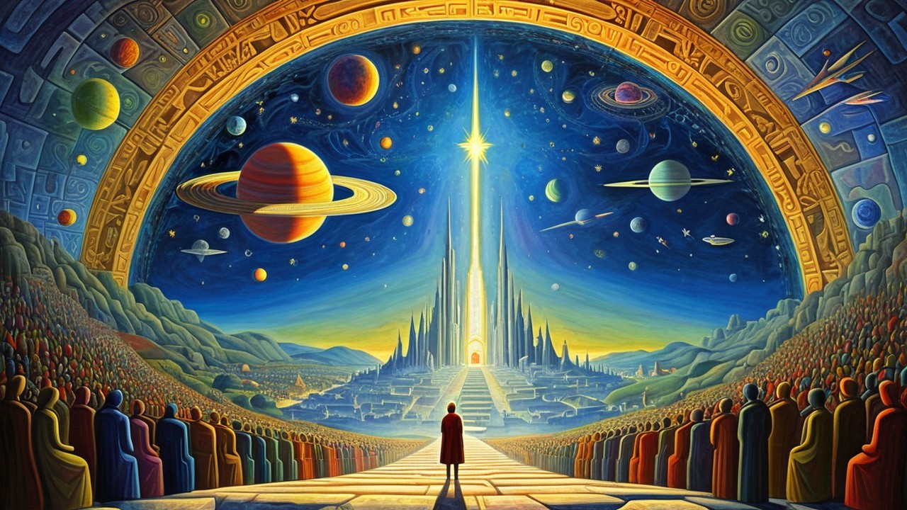 Vivid Cosmic City Under a Swirling Galaxy Scene