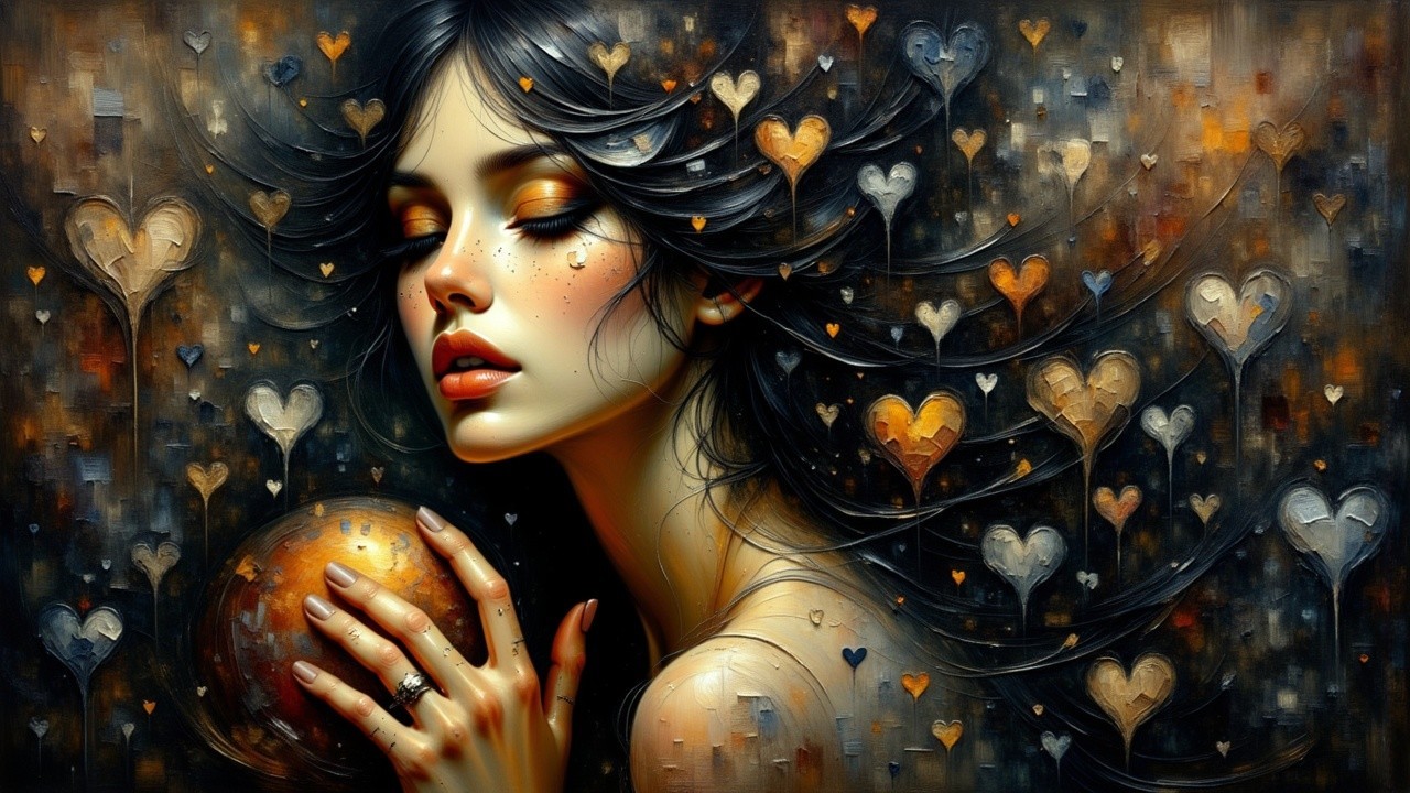 Portrait of a woman with dark hair and golden accents