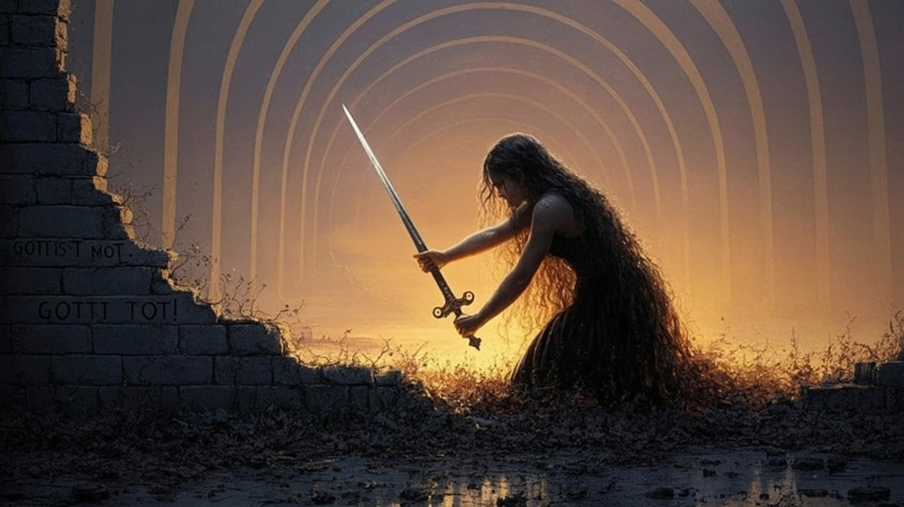 Kneeling Figure with Sword in Mystical Setting