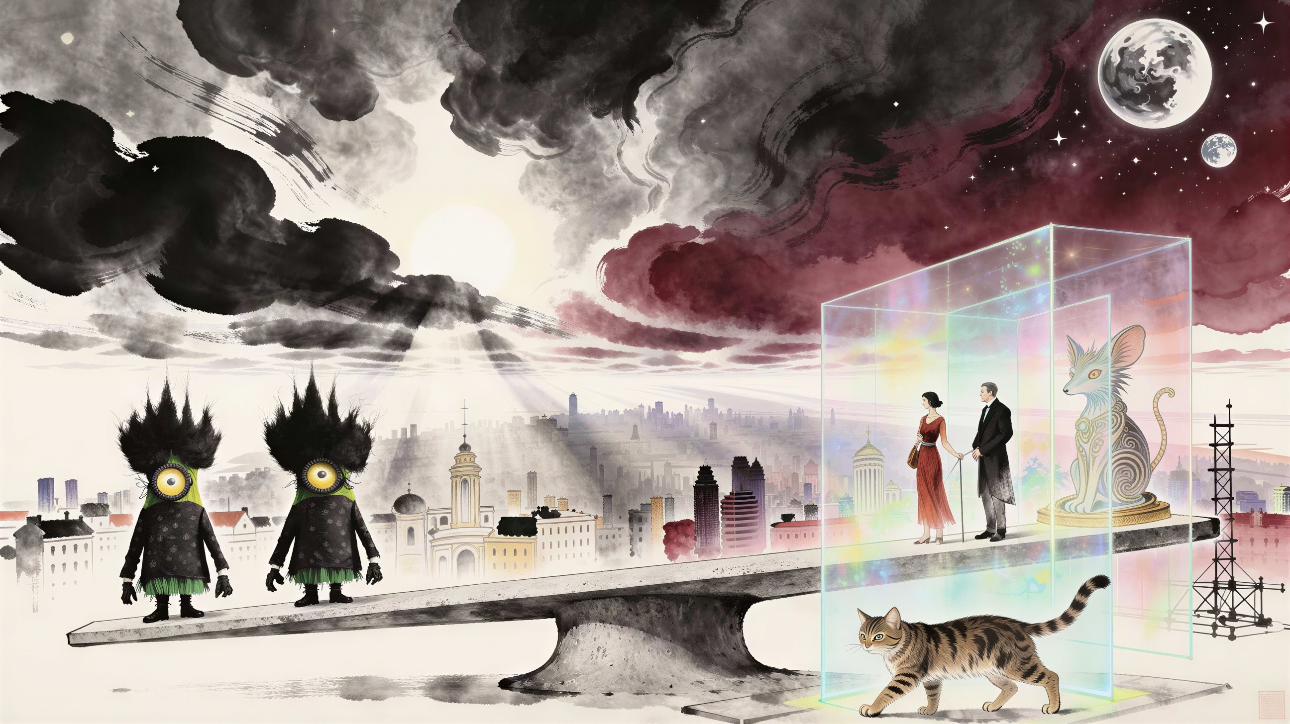 Surreal Illustration of Creatures on a Giant Seesaw