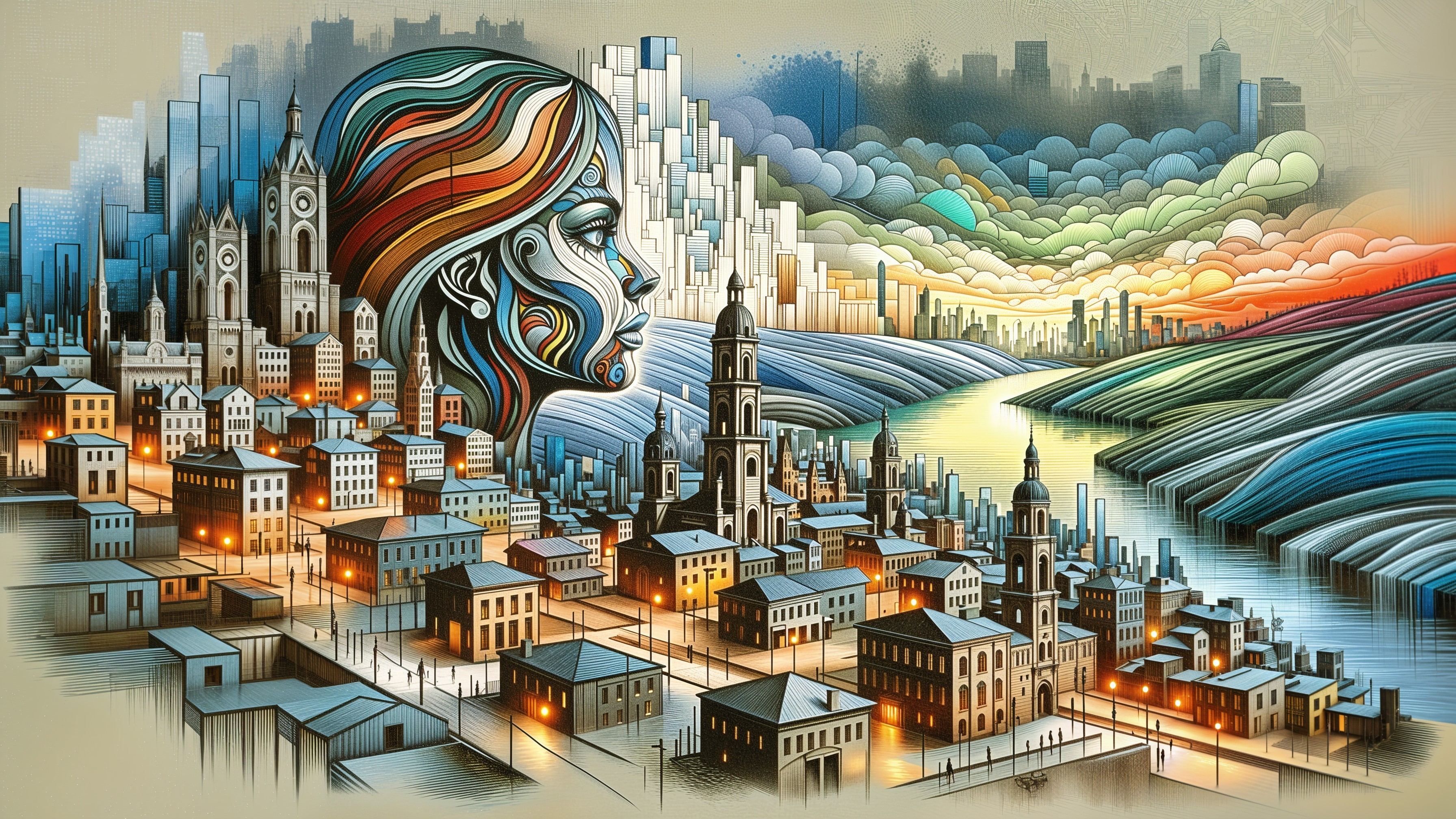 Stylized cityscape with abstract female face and sunset
