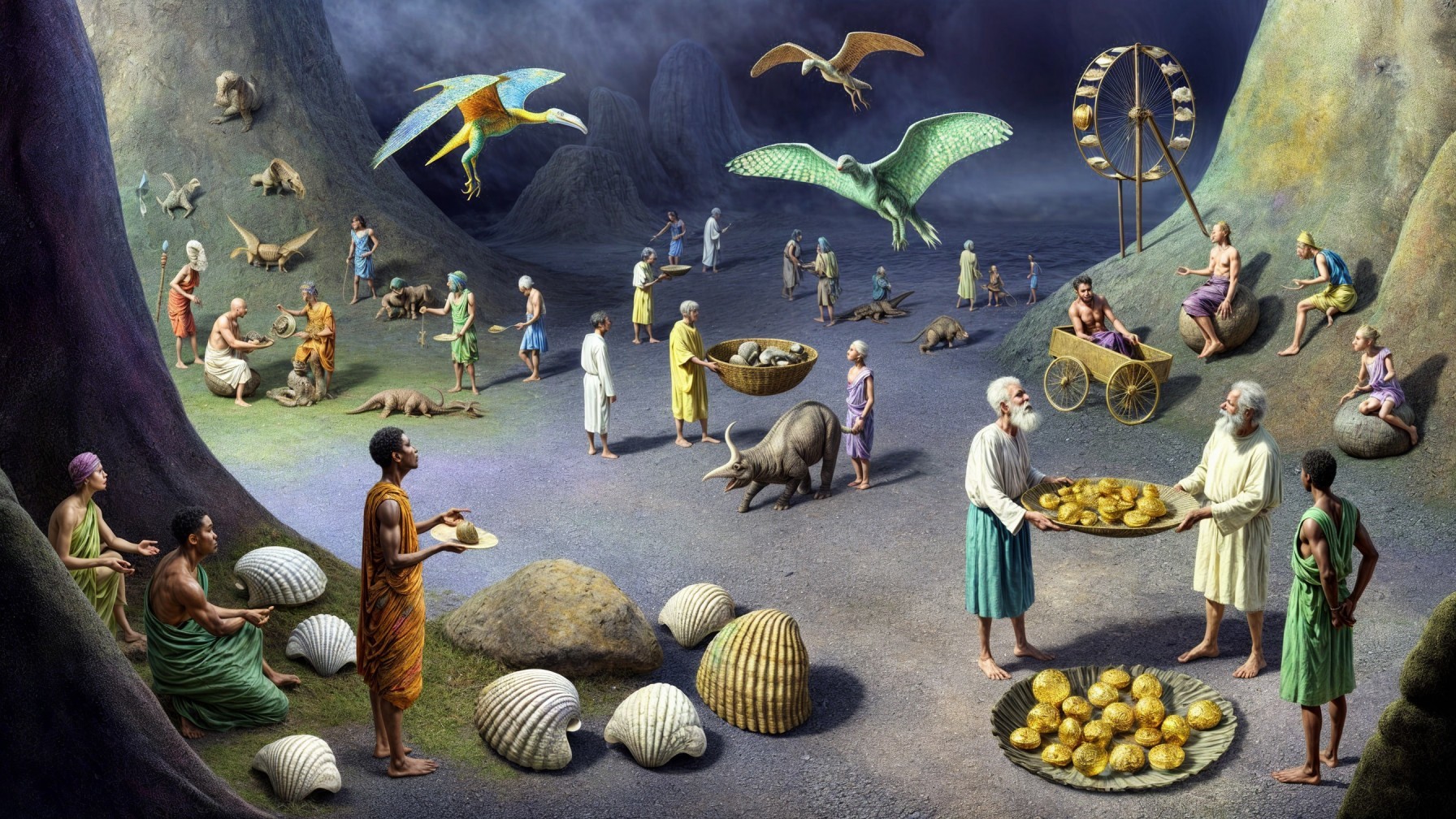 Vibrant Prehistoric Marketplace with Trade Activities