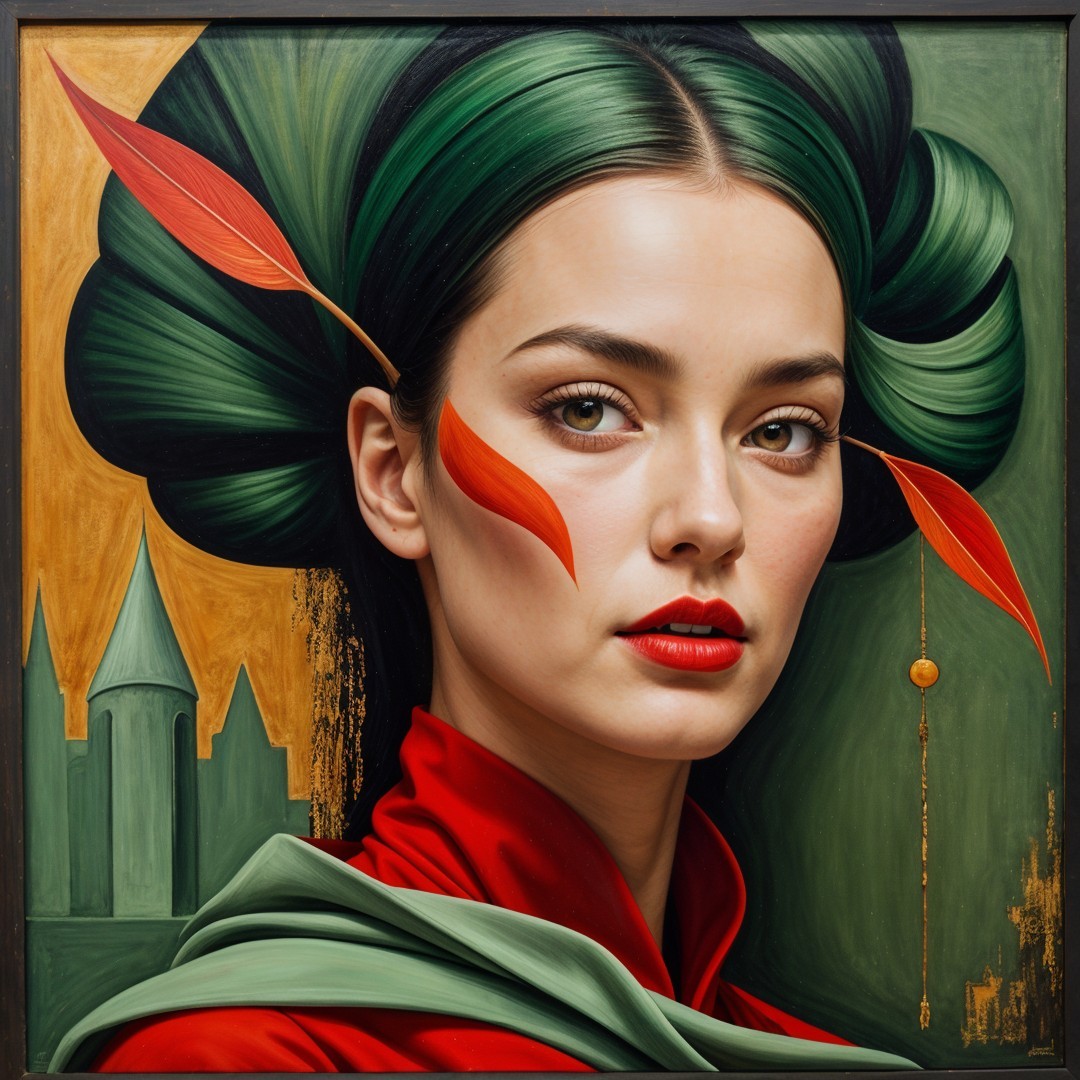 Portrait of a Woman with Green Hair and Orange Leaves
