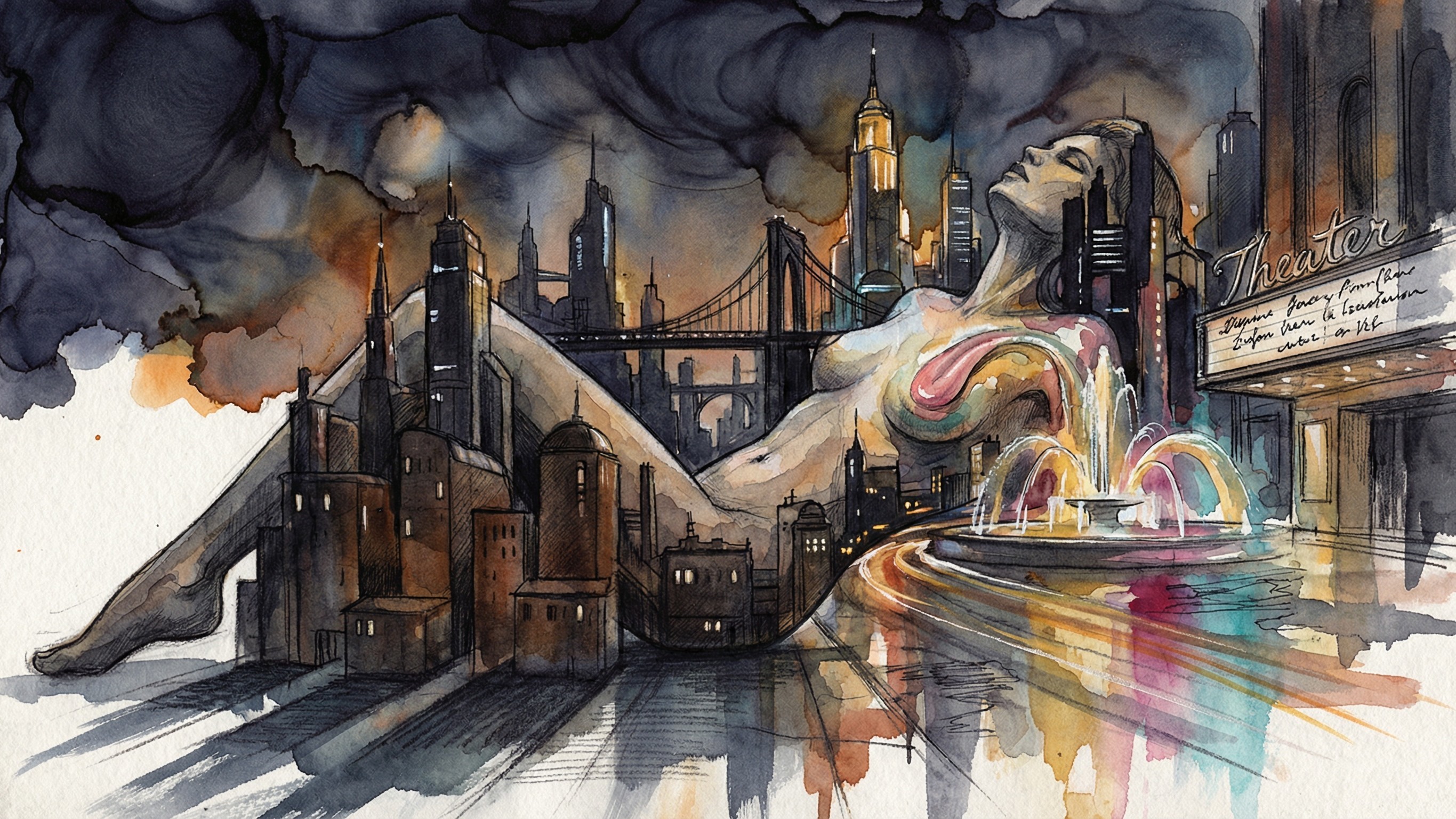 Nude Woman Merging with City Skyline in Watercolor