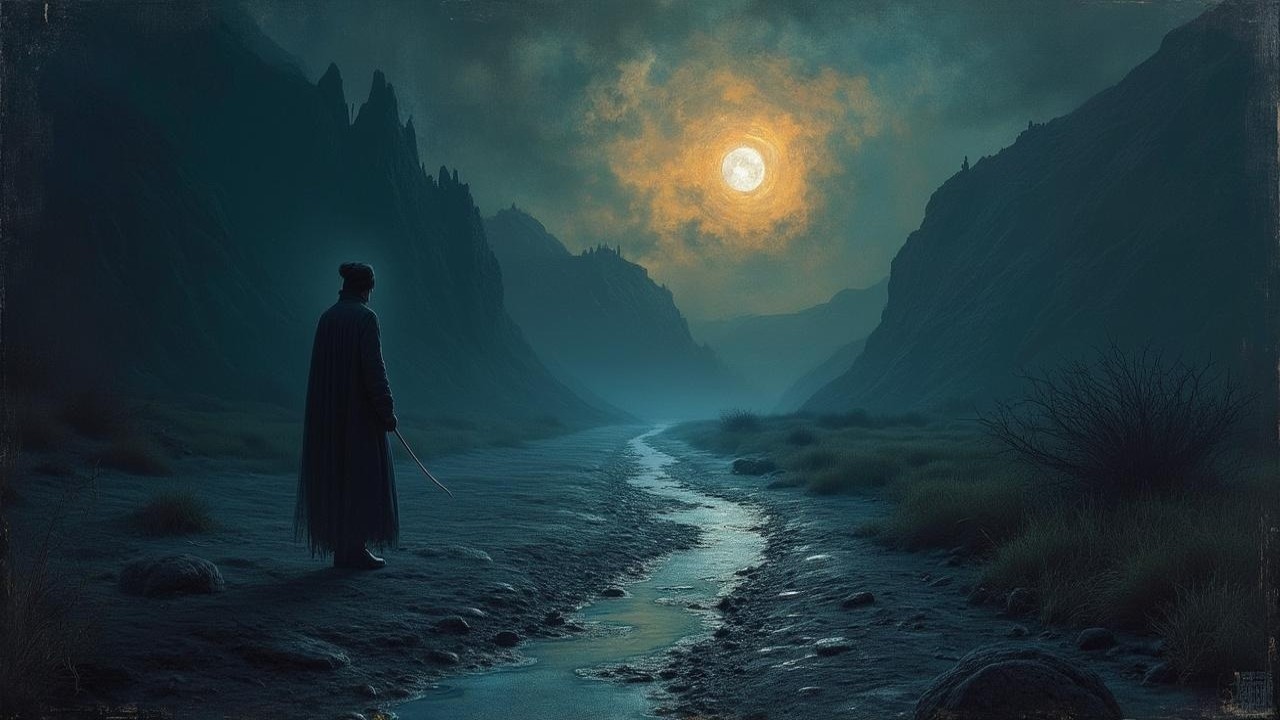 Solitary Figure on Moonlit Path in Dramatic Landscape