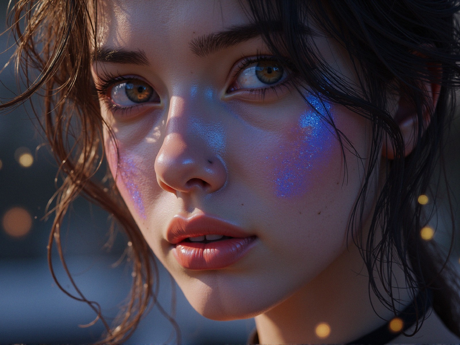 Close-up Portrait of a Young Woman with Blue Highlights