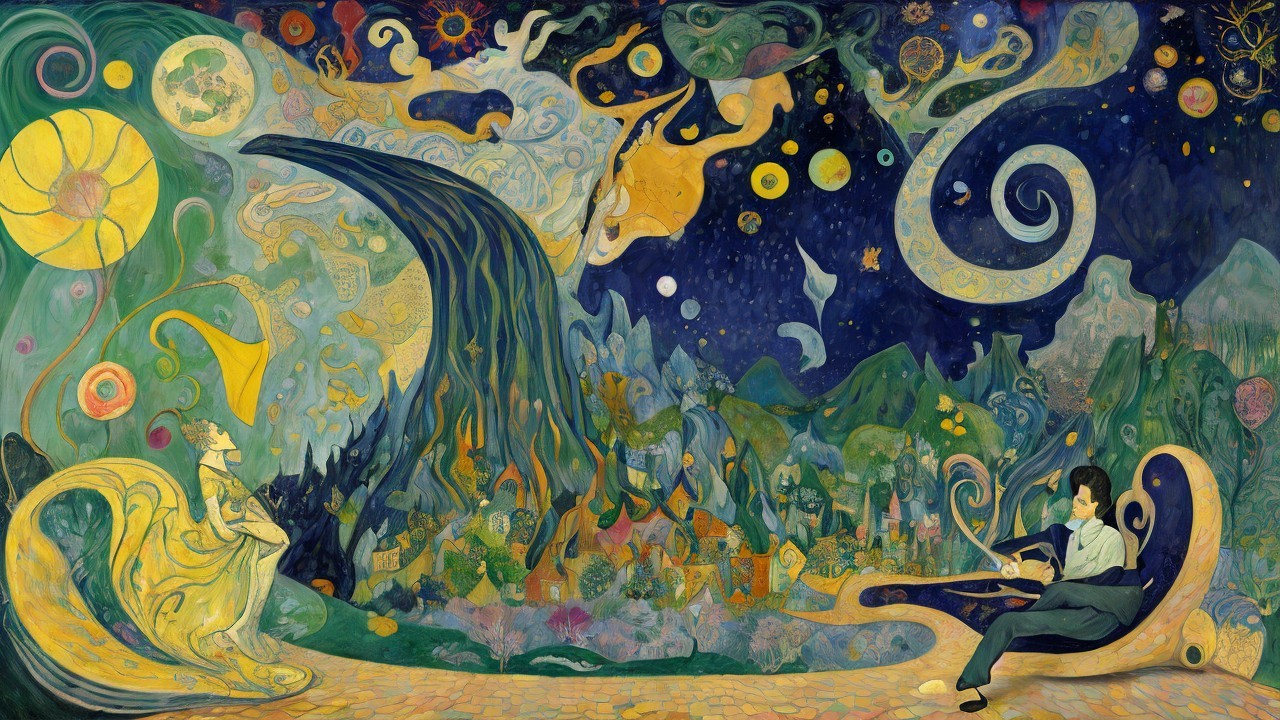 Vibrant Dreamlike Scene with Abstract Shapes and Colors