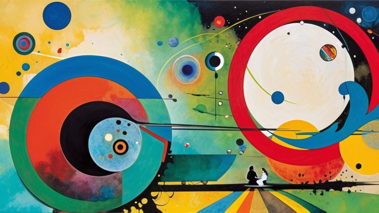 Vibrant Circles and Silhouetted Figures in Artwork