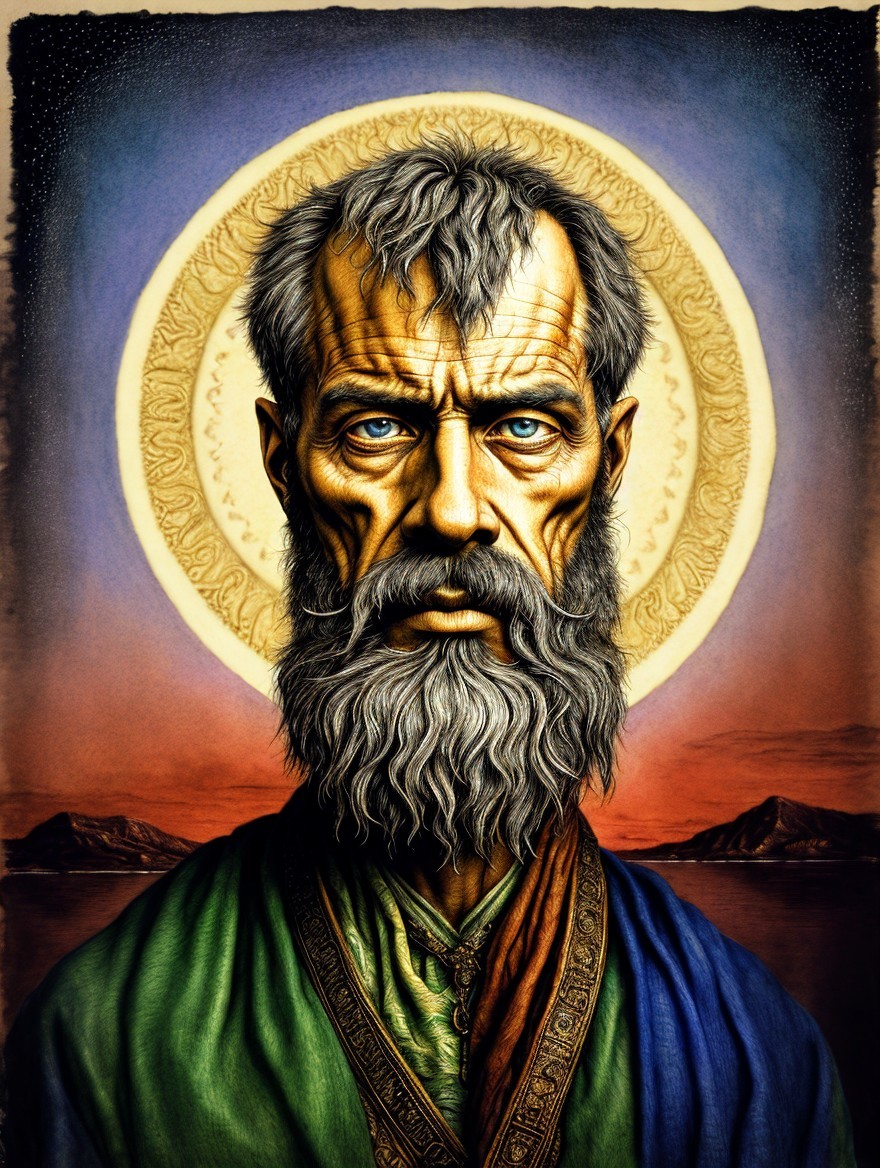 Elderly Man Portrait with Blue Eyes and Colorful Robes