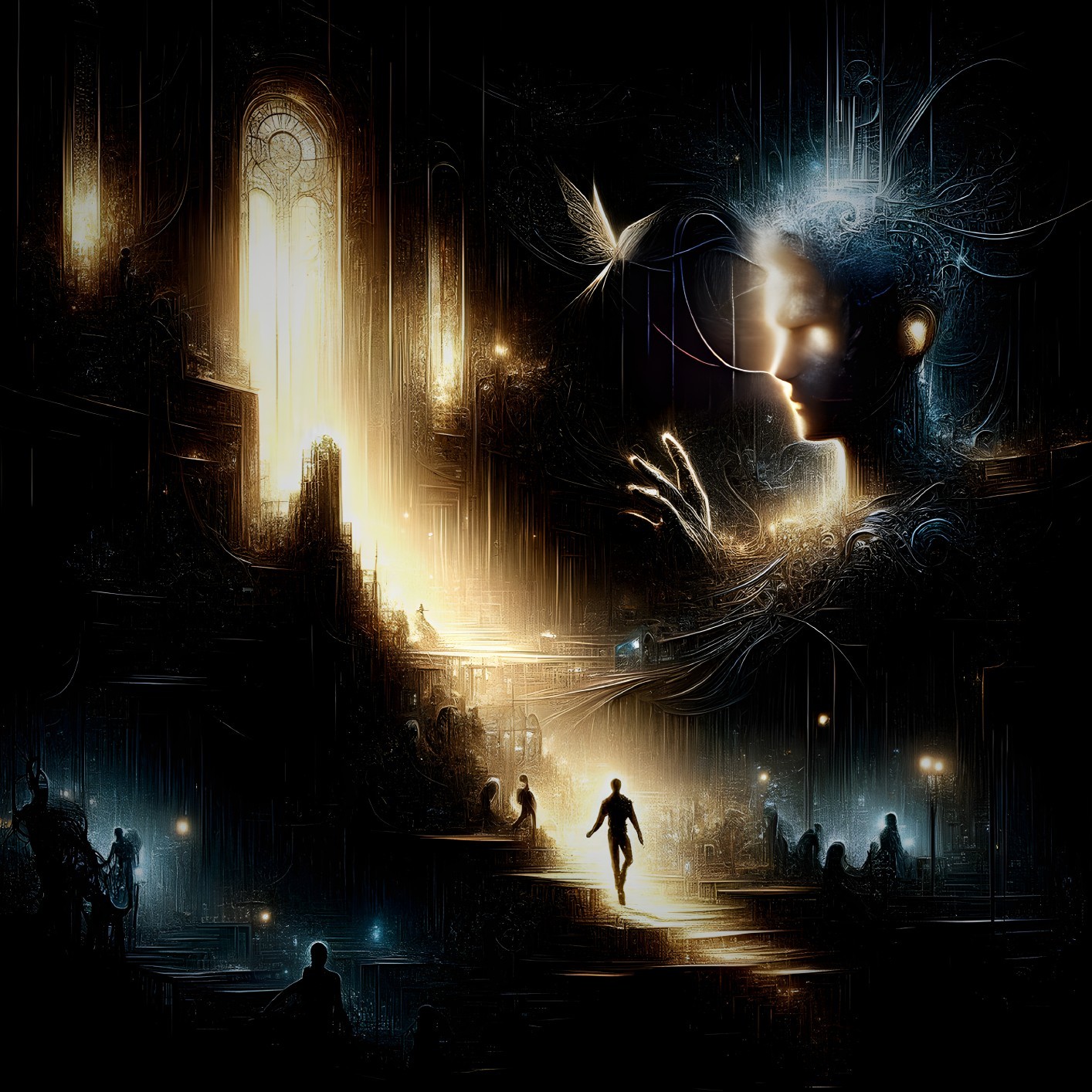 Surreal Scene with Ethereal Lights and Figures