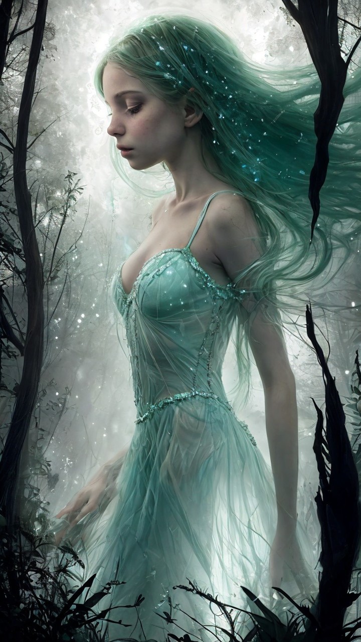 Serene figure in a mystical forest with ethereal glow