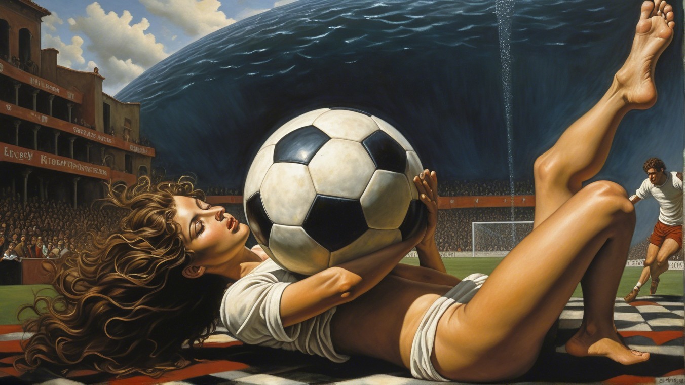 Surreal Scene of Woman with Soccer Ball on Checkered Ground