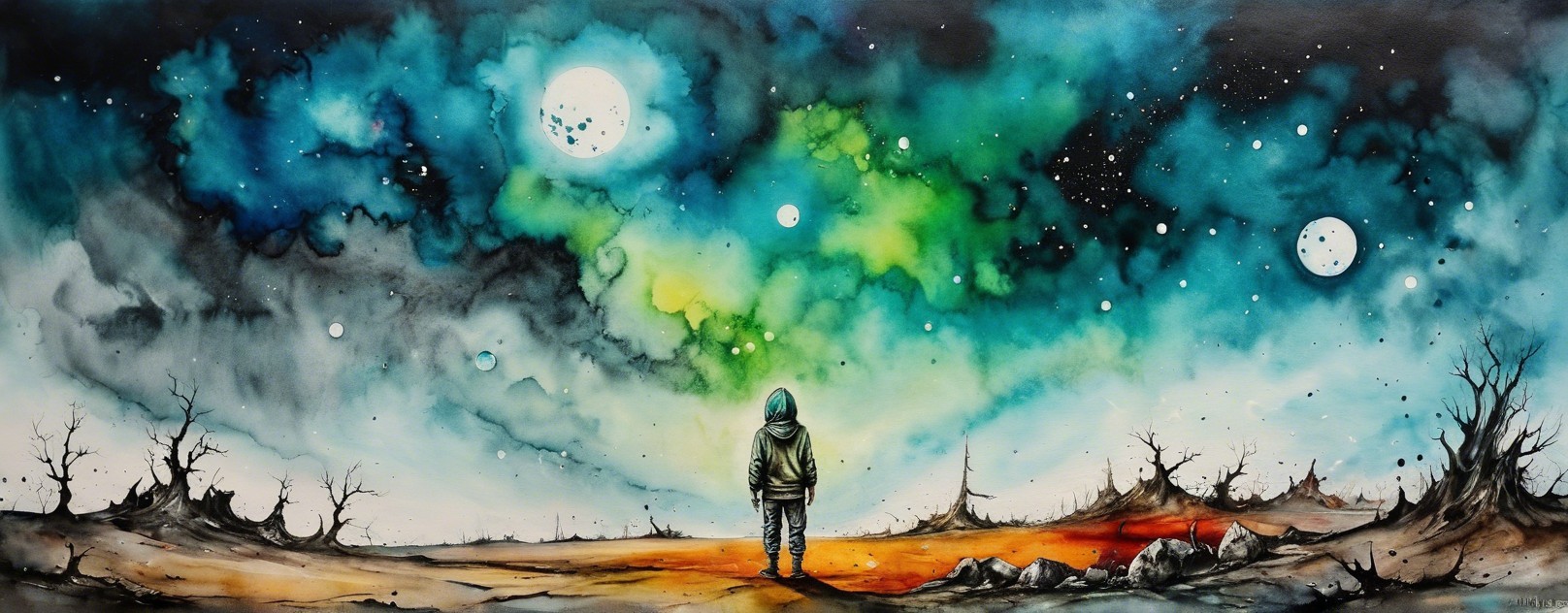 Surreal Landscape with Cosmic Sky and Barren Terrain