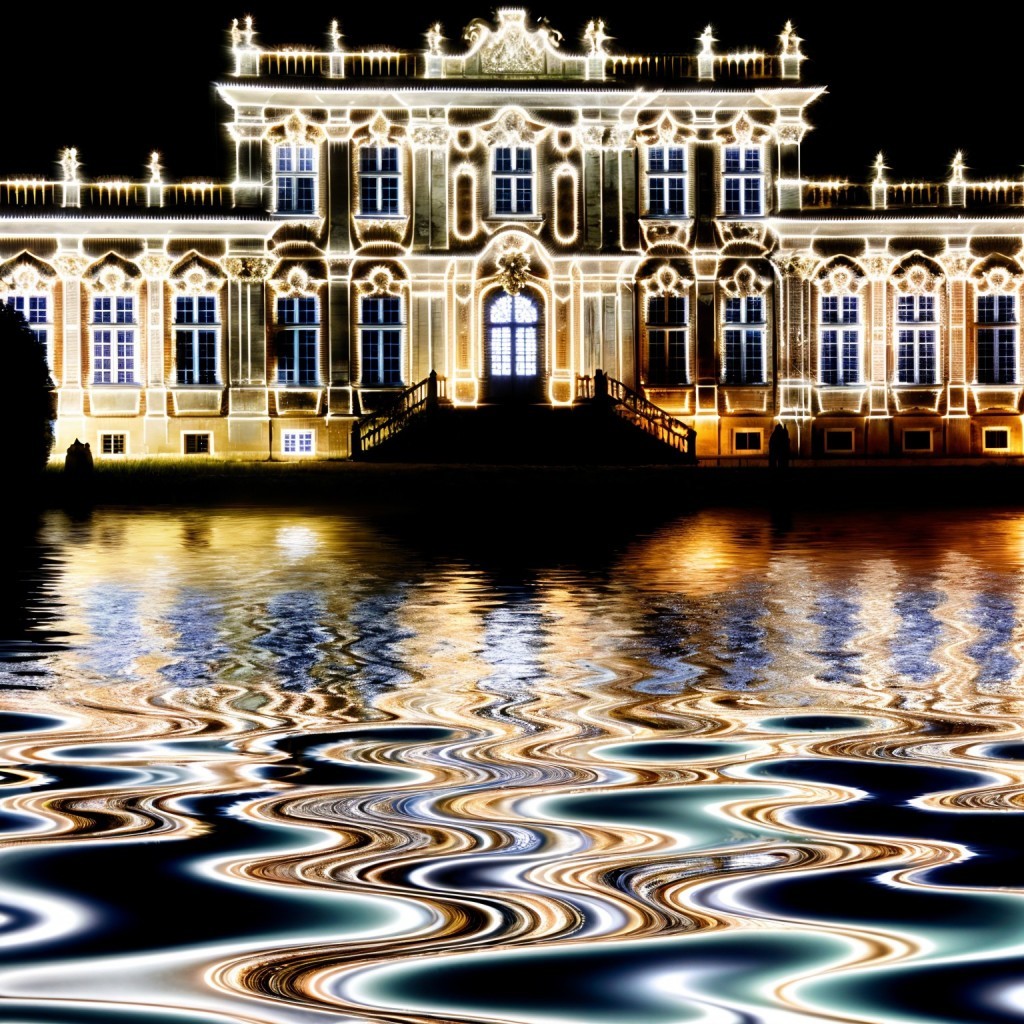 Ornate illuminated building reflecting on water at night