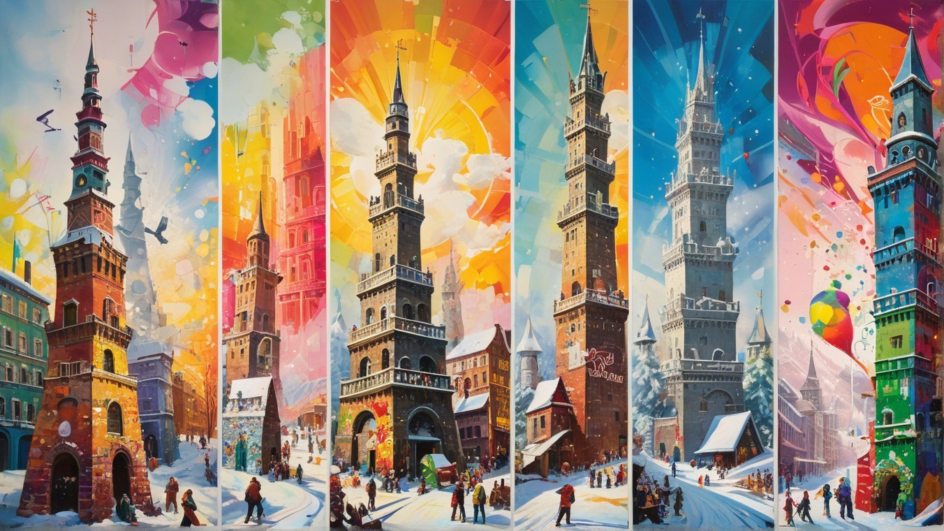 Colorful Towers in a Winter Cityscape Scene