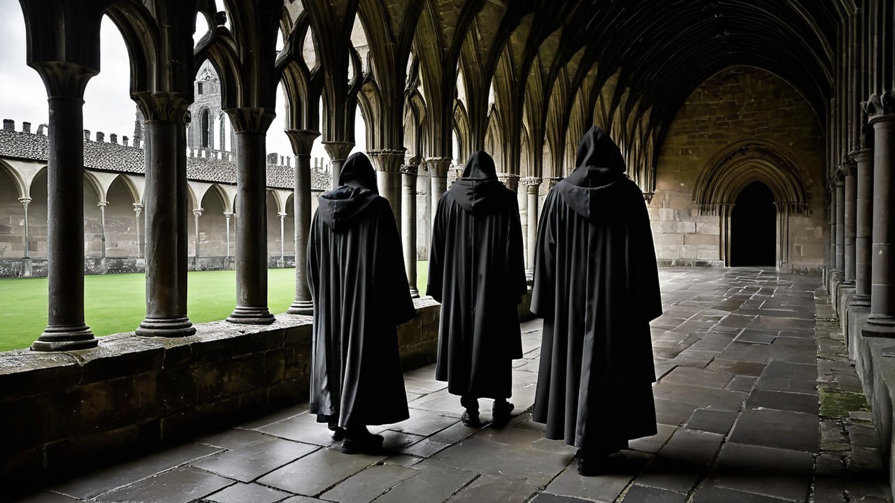 Cloaked Figures in Stone-Walled Cloister Scene