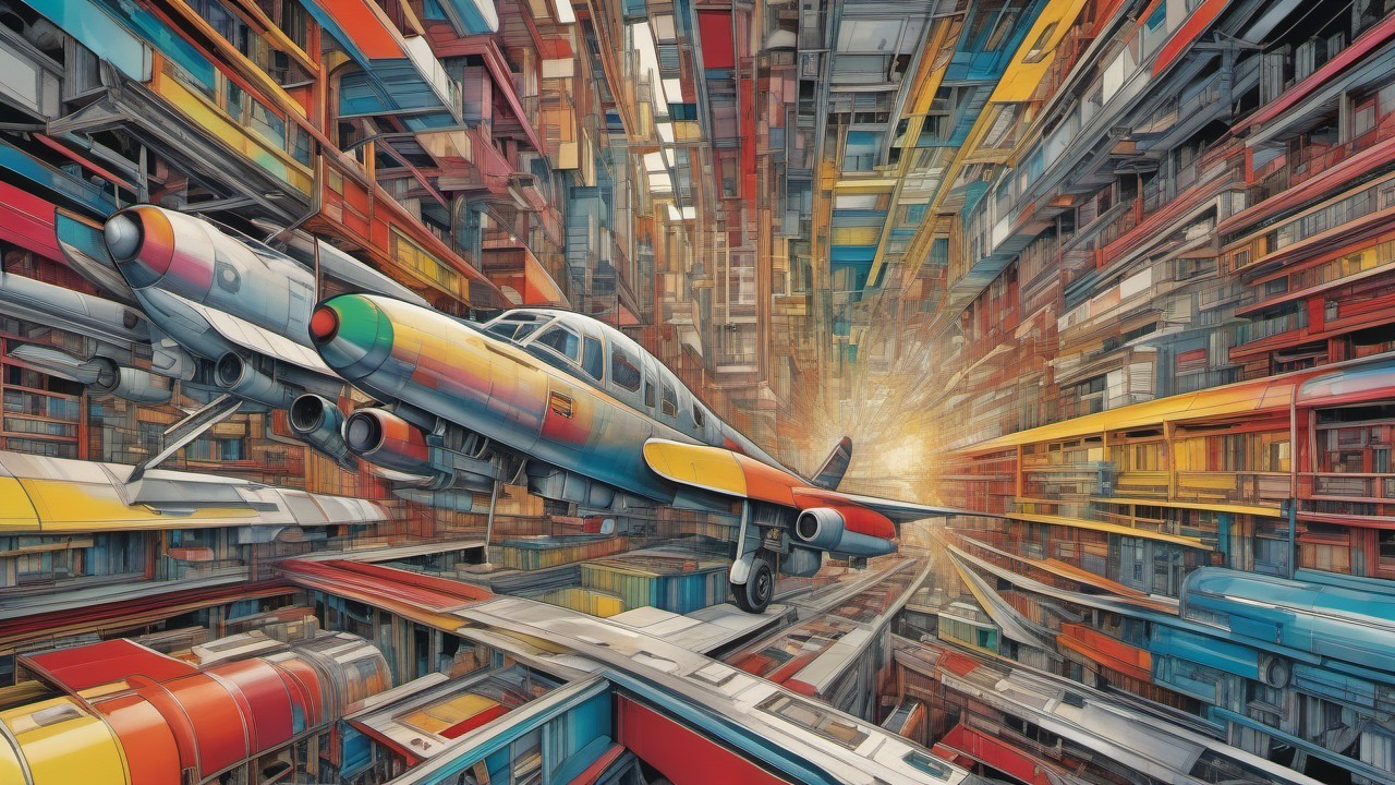 Surreal Illustration of Plane Taking Off from Railway Track