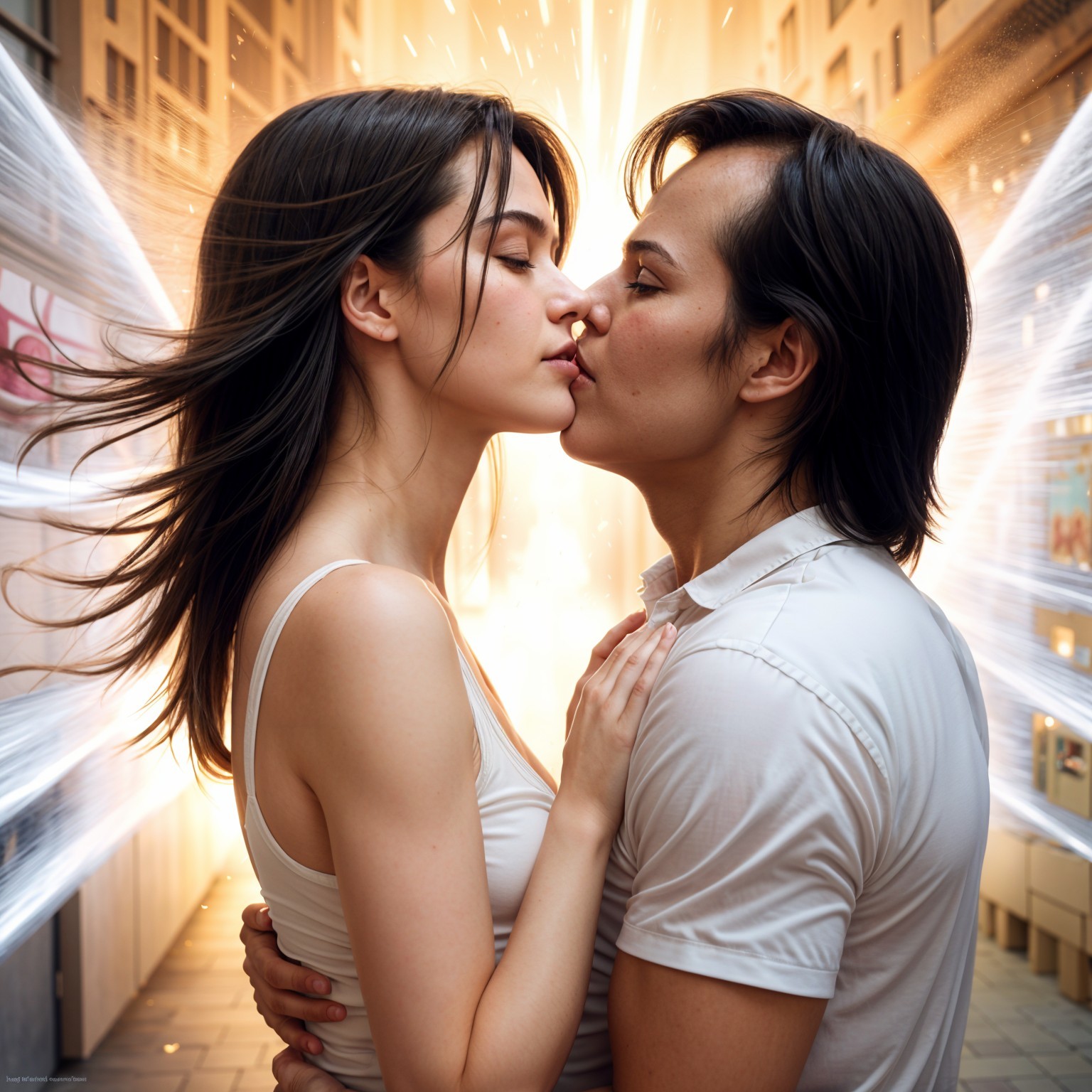 Romantic Kiss with Ethereal Light Background