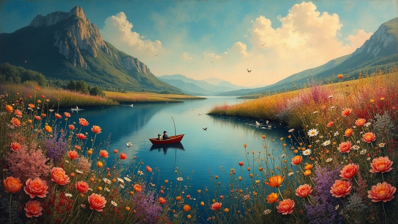 Serene Landscape with River, Meadows, and Mountains