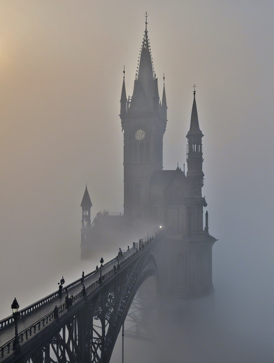 Gothic Bridge Above Fog with Intricate Architecture