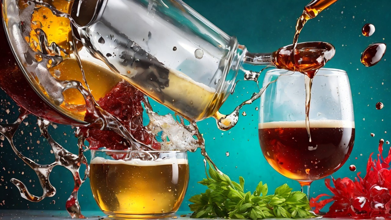 Glass Jar Pouring Brown Liquid into Two Glasses