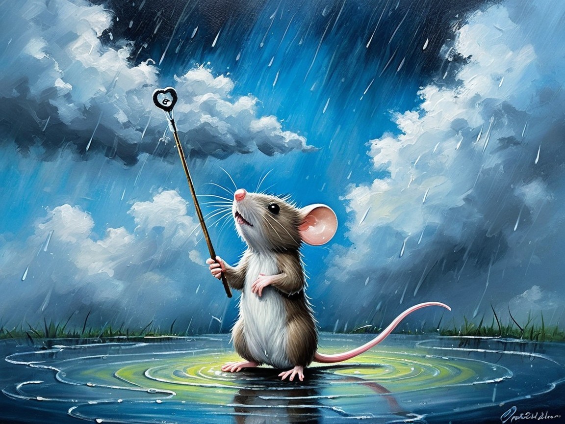 Whimsical Mouse Fishing in Rainy Puddle Scene