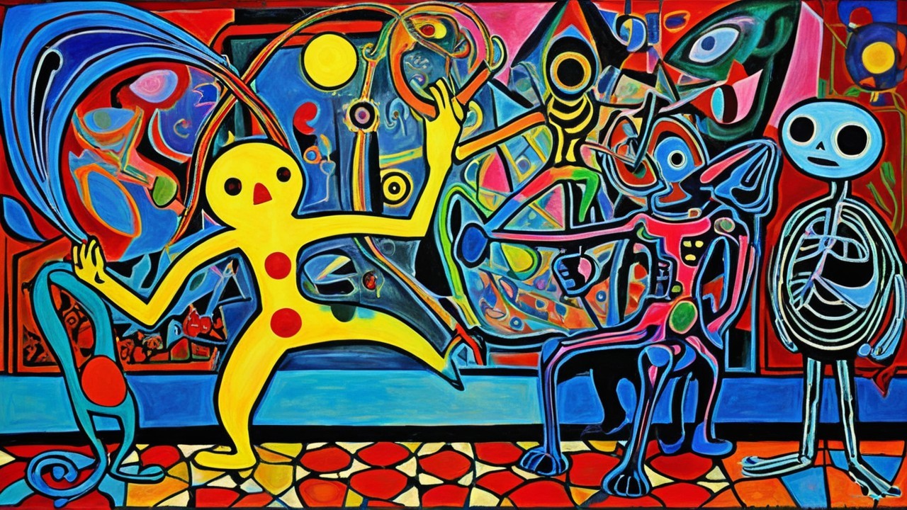 Vibrant Cubist and Surrealist Abstract Painting Description