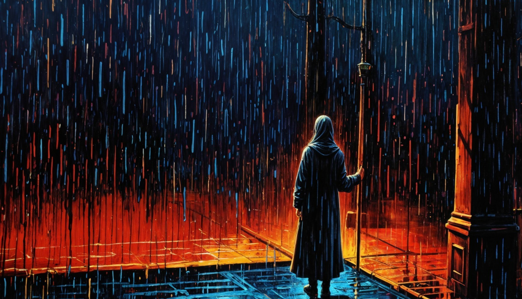 Somber Urban Scene with Rain and Dramatic Lighting