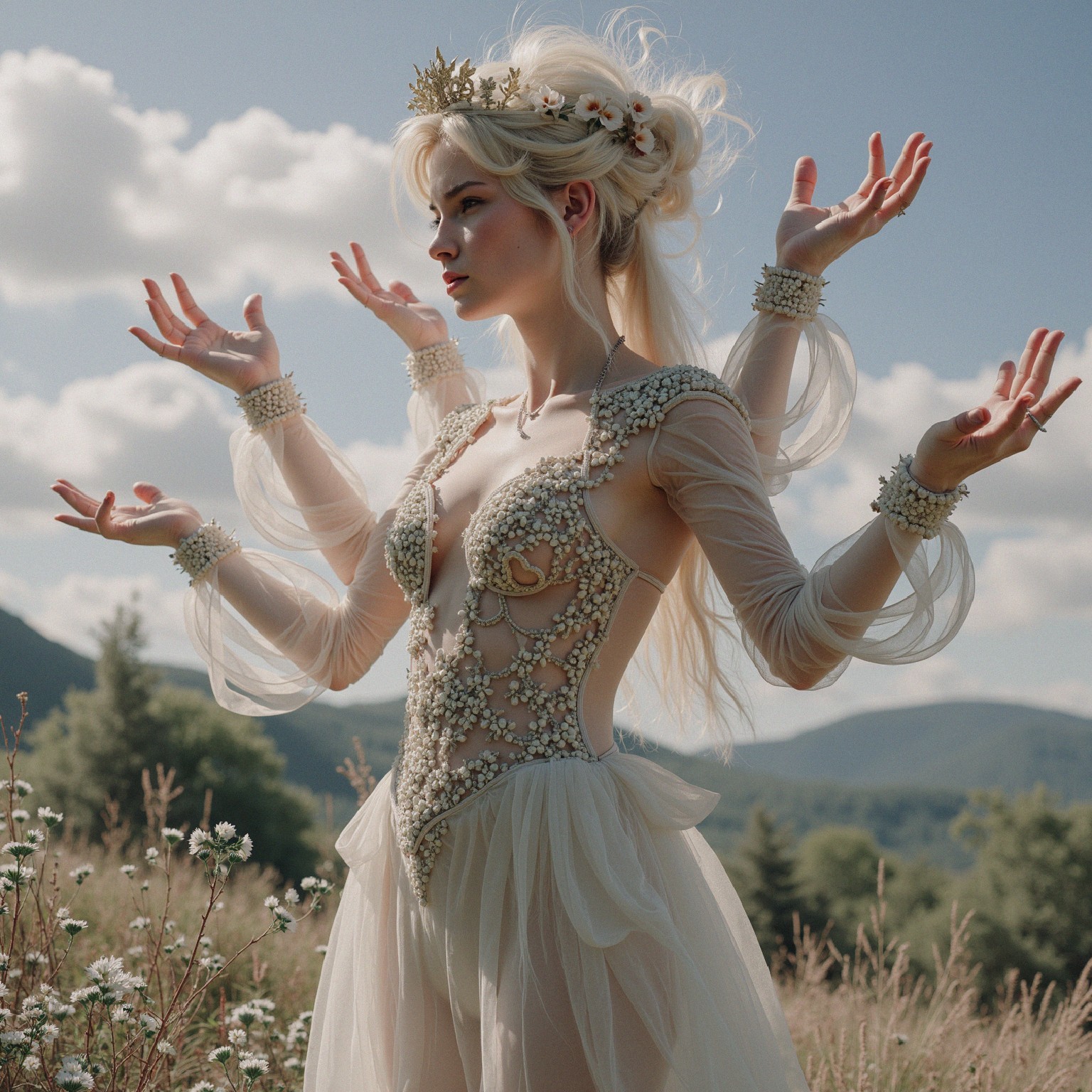 Ethereal figure in beaded gown in sunlit meadow