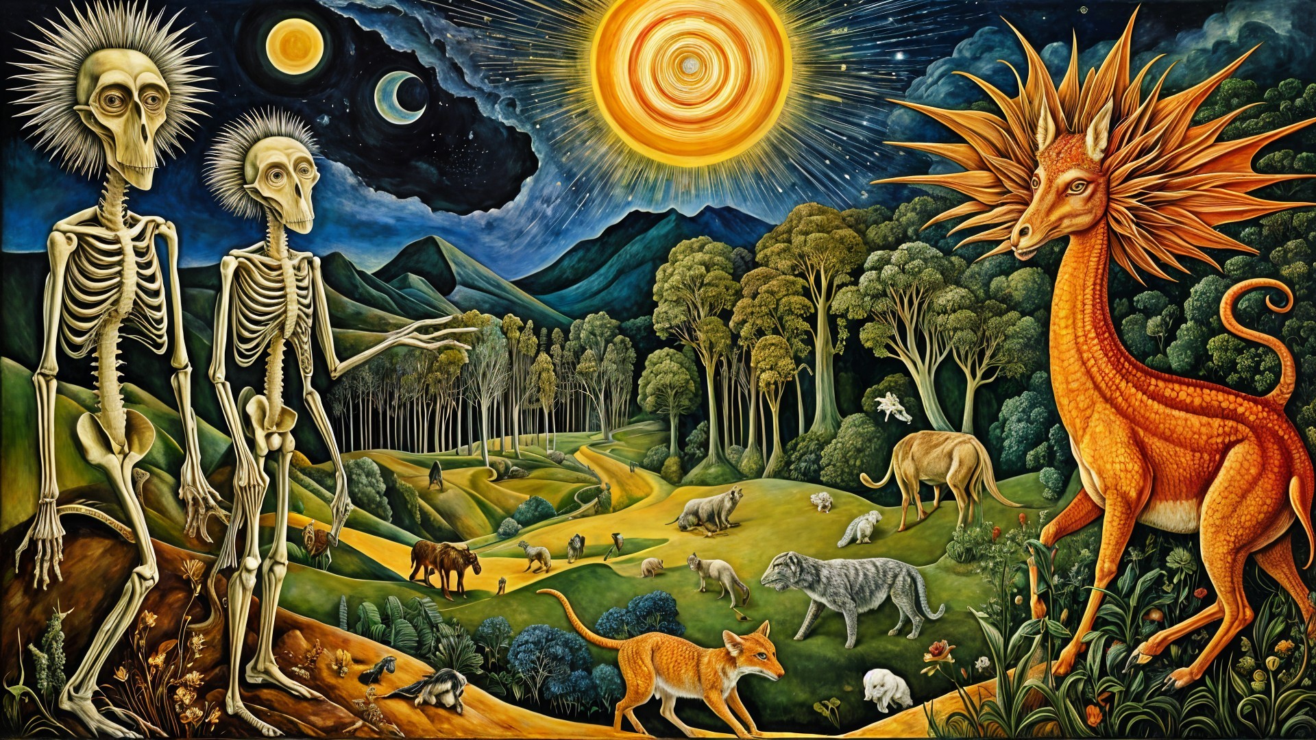 Surreal Landscape with Skeletal Figures and Whimsical Creatures