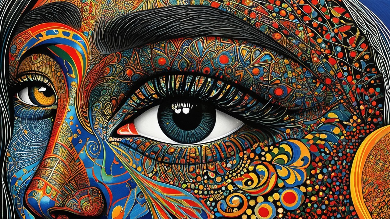 Close-Up Artwork of a Colorful Eye and Face Design
