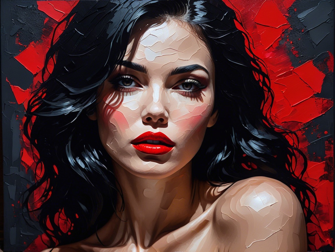 Portrait of a Woman with Black Hair and Red Lips