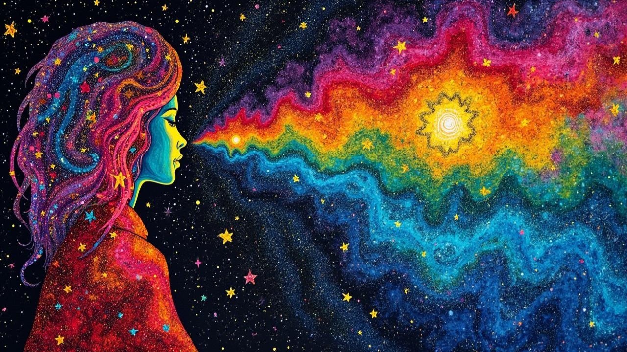 Colorful Profile of Woman Against Starry Cosmos