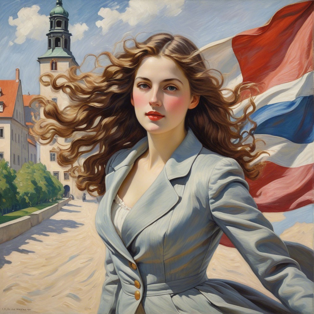 Young Woman in Gray Coat Against Scenic Backdrop