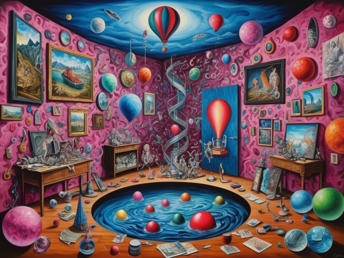 Whimsical Room with Surreal Elements and Colorful Decor