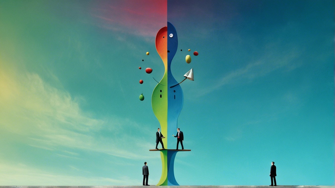 Surreal Landscape with Men Shaking Hands and Sculpture