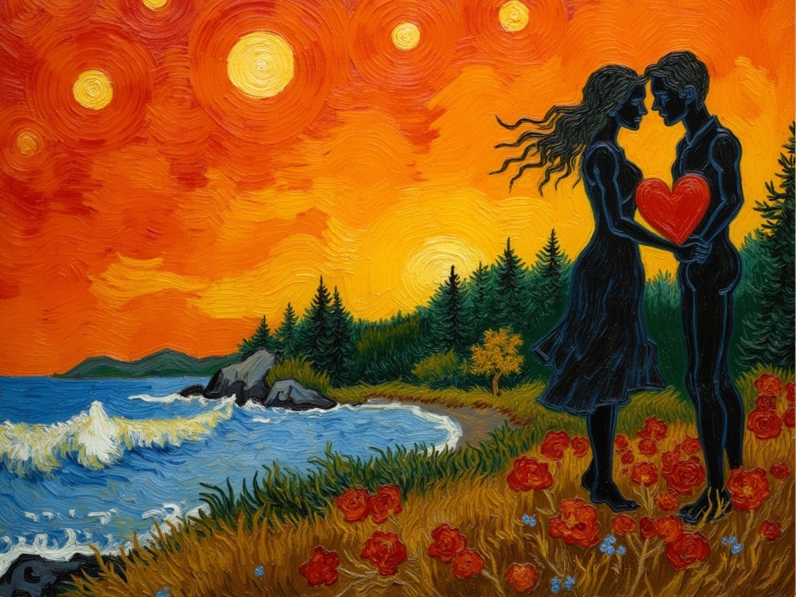 Couple Embracing at Sunset in Vibrant Landscape