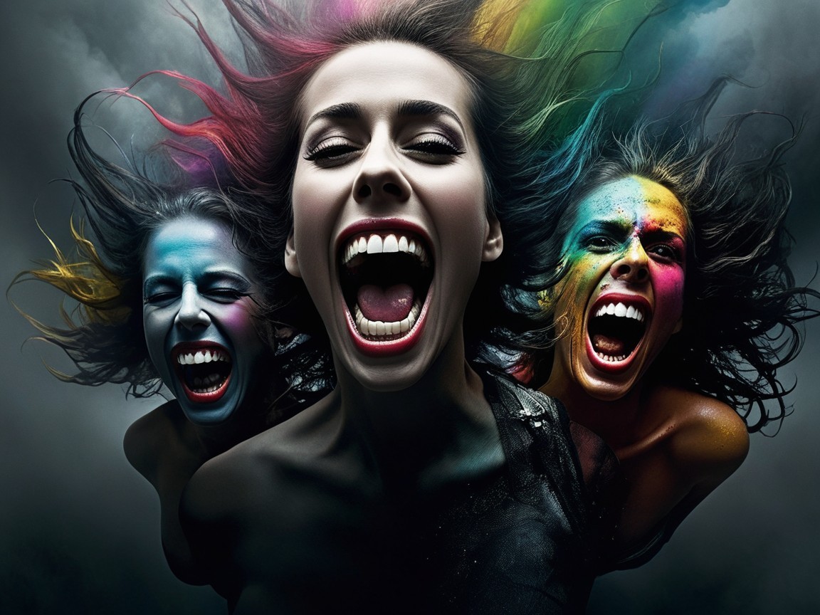 Women with Colorful Hair and Face Paint Express Emotions