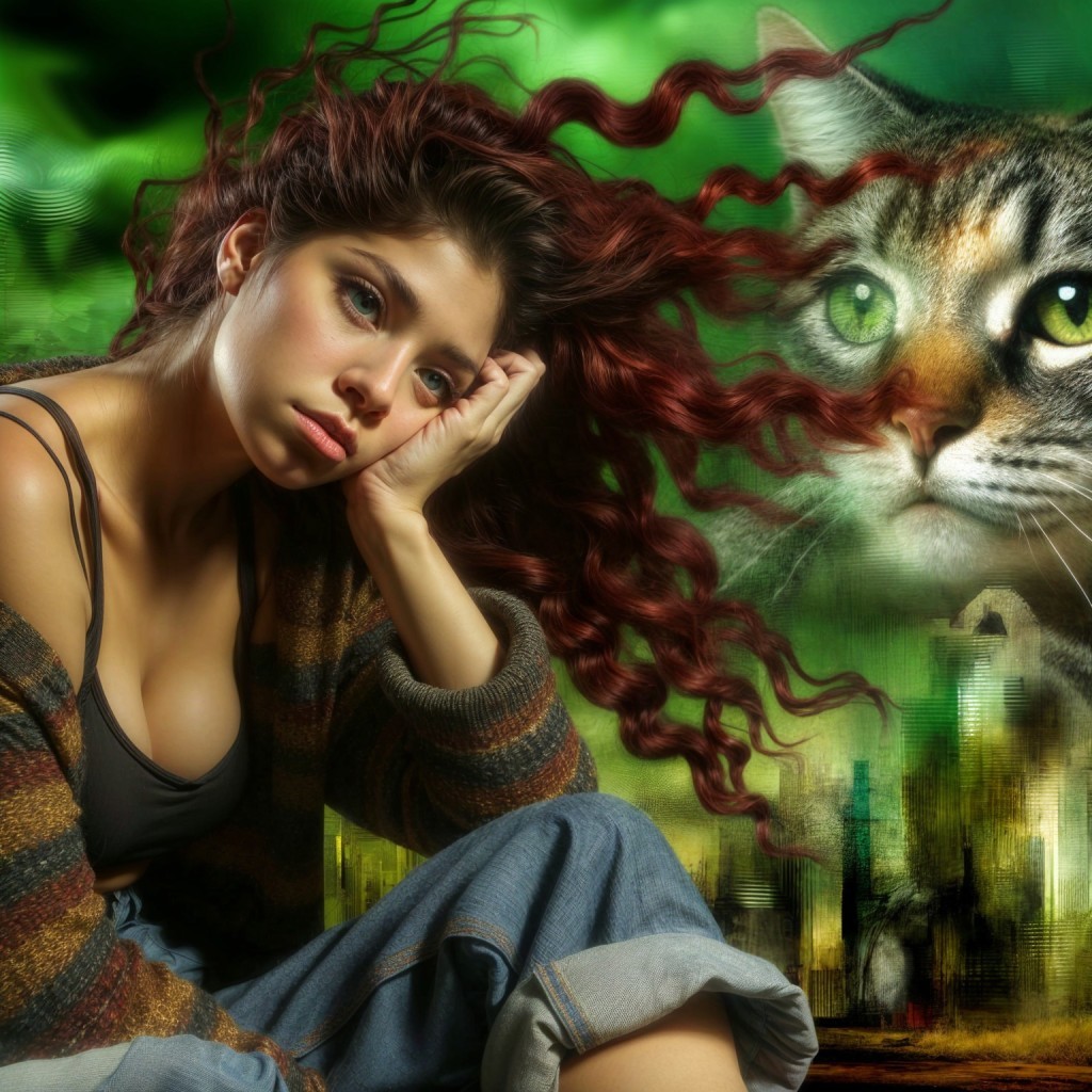 Young Woman in Cozy Cardigan Amid Surreal Landscape